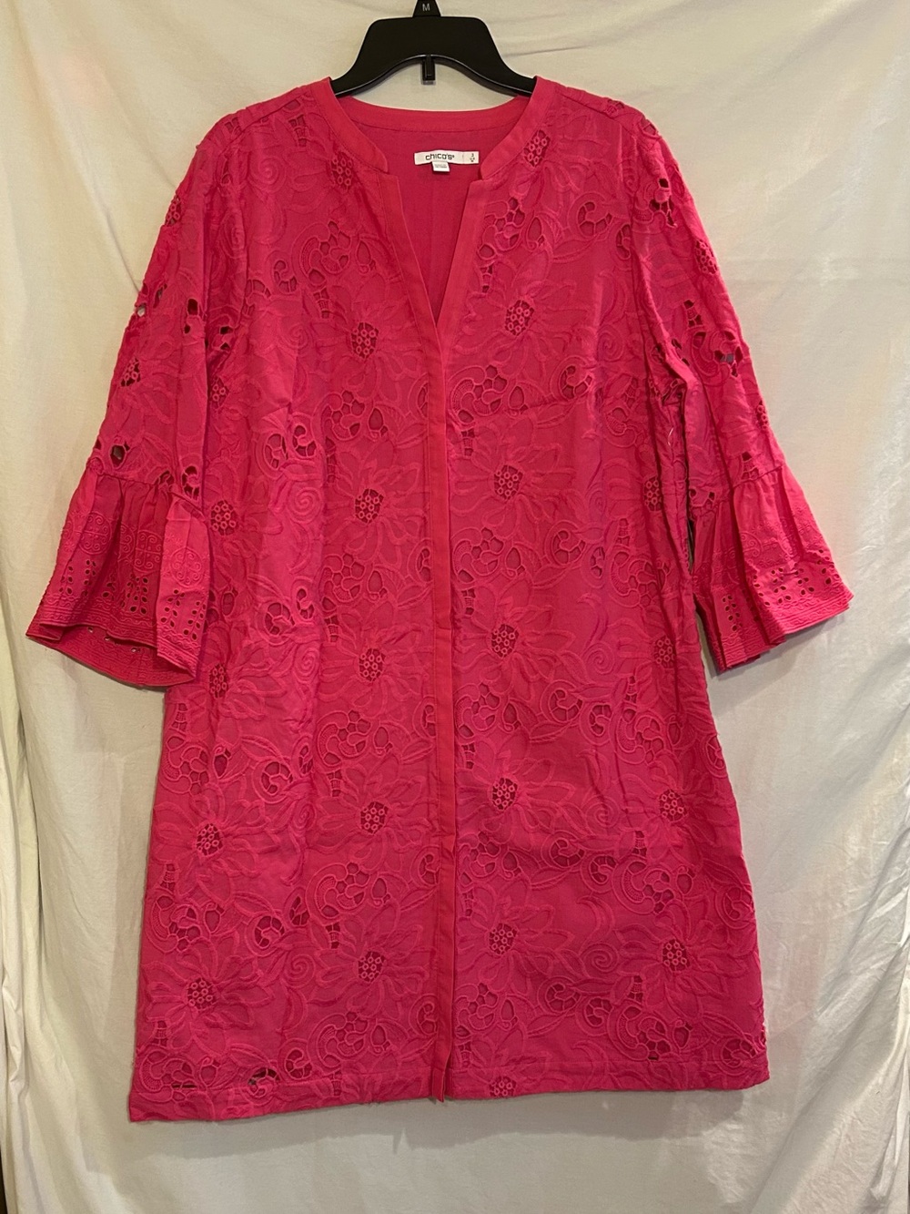Chico's Womens Size 3 16 Fuchsia Rose Lace Shift Flounce Sleeve Short Dress NWT